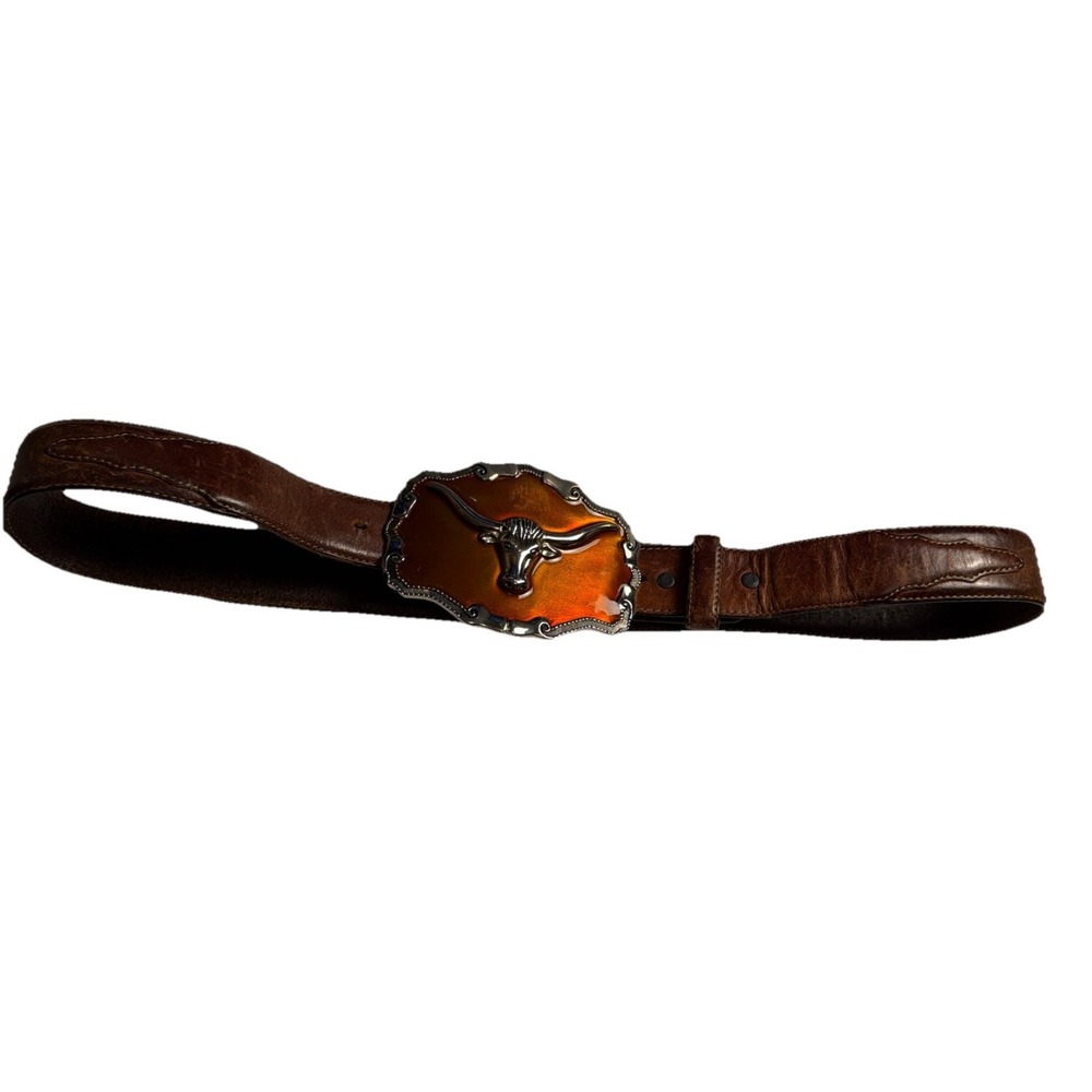 Vintage Silver Creek Brown Leather Belt with Copper Long Horn Buckle 36